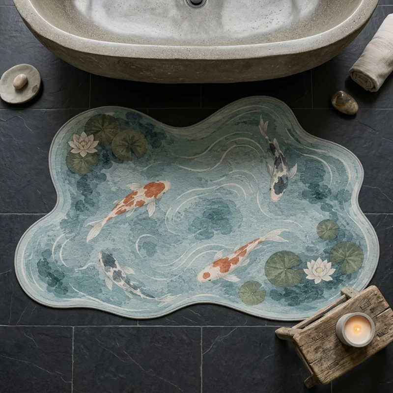 VIKAMA Irregular Cloud Shape Bath Mat Koi Fish Lotus Pond Print Non‑Slip Absorbent Rug for Bathroom Shower Room Home Decor