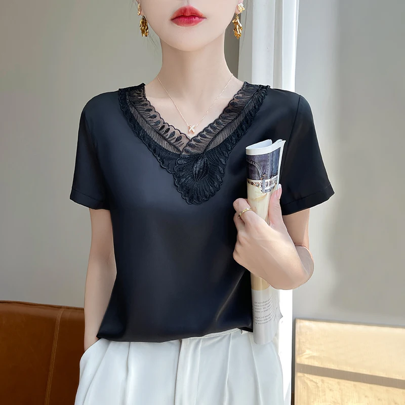 2024 جديد الدانتيل الصيف الدانتيل قصيرة الأكمام الساتان جوفاء بلون الخامس الرقبة فضفاضة رقيقة