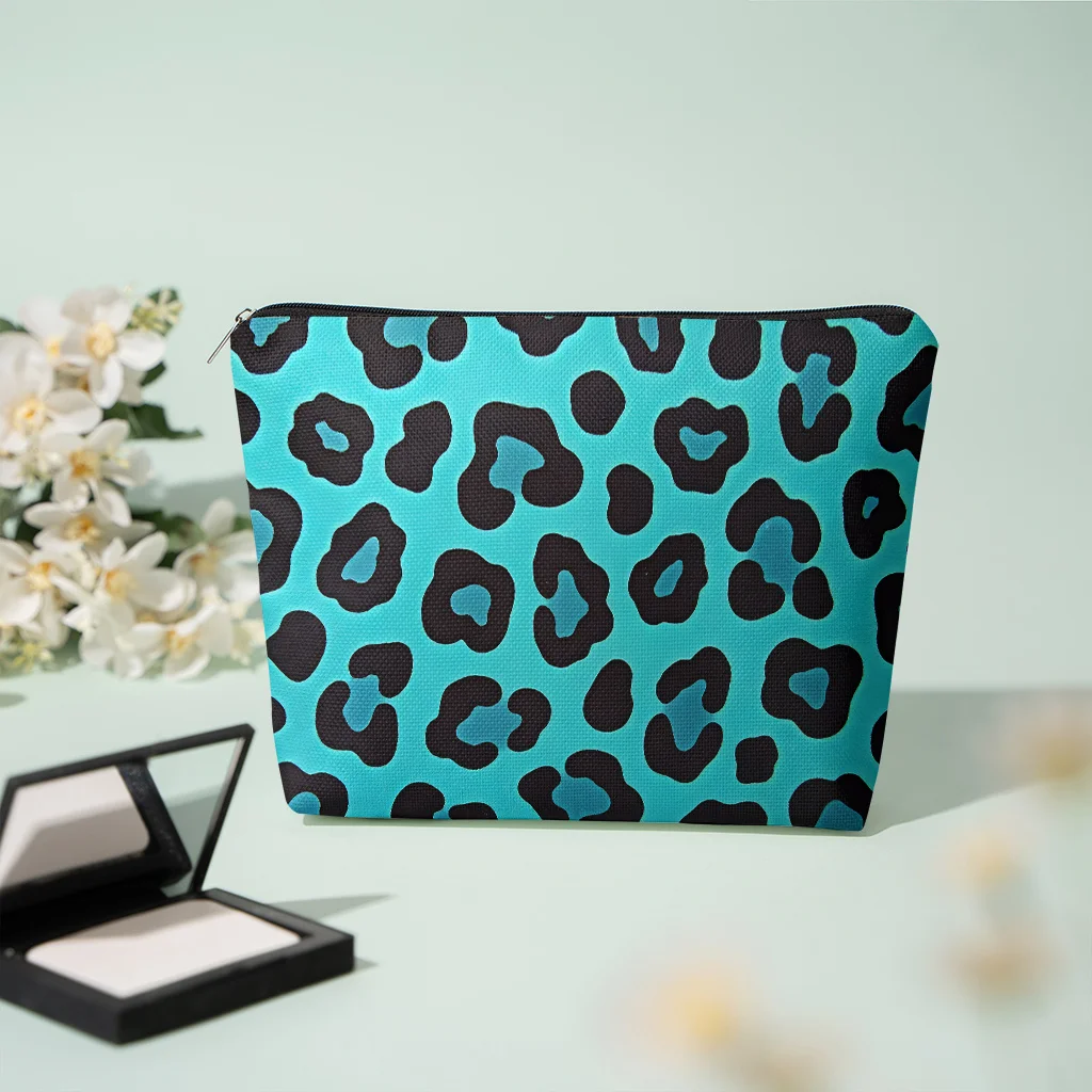 1Pc Blue and Black Leopard Print Retro Design Multifunctional Travel Makeup Bag, Snack Storage Bag, Stationery Storage Bag, Fashionable Toiletry Bag, Canvas Double-Sided Printed Zipper Pouch