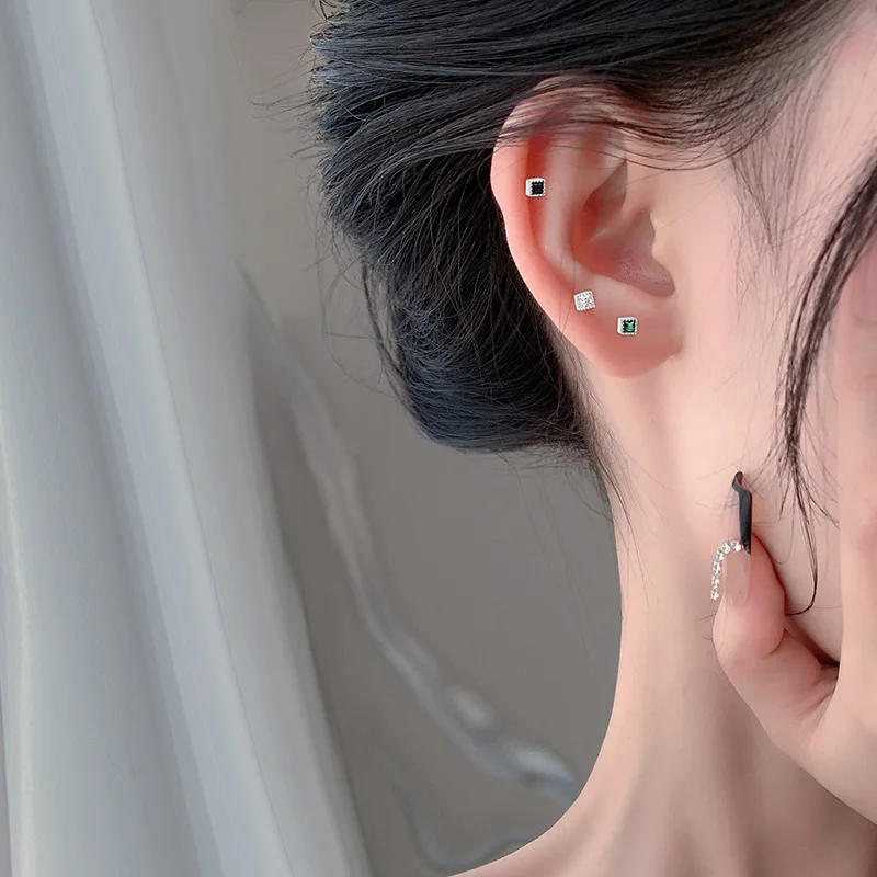 S999 Pure Silver Square Zircon Screw Stud Earrings Minimalist Elegant Ear Jewelry Simple Earrings for Women Girls Daily Wear