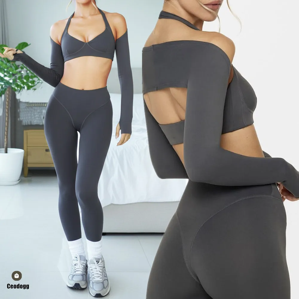 2/3PCS Nude Gym Yoga Set Women Sports Bra Shrug Leggings Crossover Seamless High Waist Fitness Legging Active Wear Clothes XP183