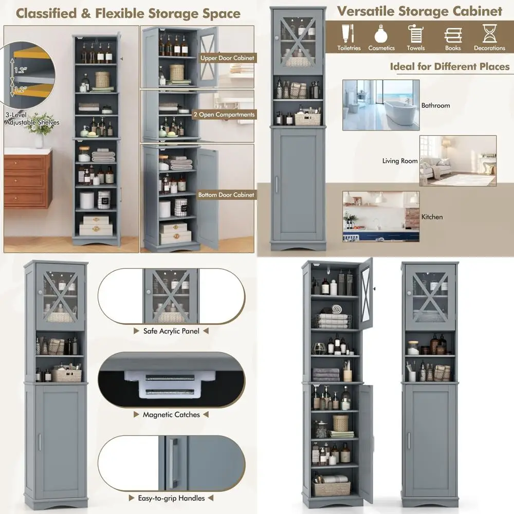 

Высокий шкаф для хранения (170 см) с акриловой дверцей, регулируемыми полками и 2 открытыми отделениями для ванной, кухни, гостиной и столовой