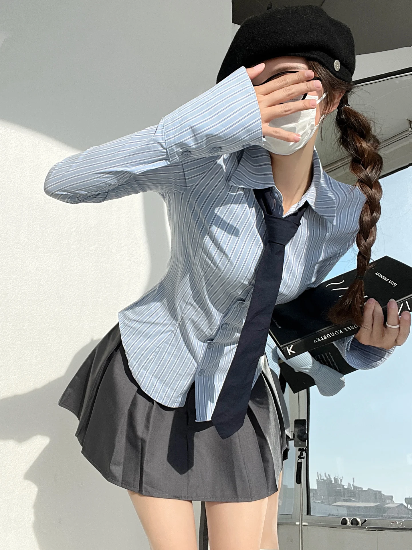 Rayé bleu irt femmes automne nouveau Sle collège Sle Long Sve coupe ajustée irt respirant respectueux de la peau longueur ort