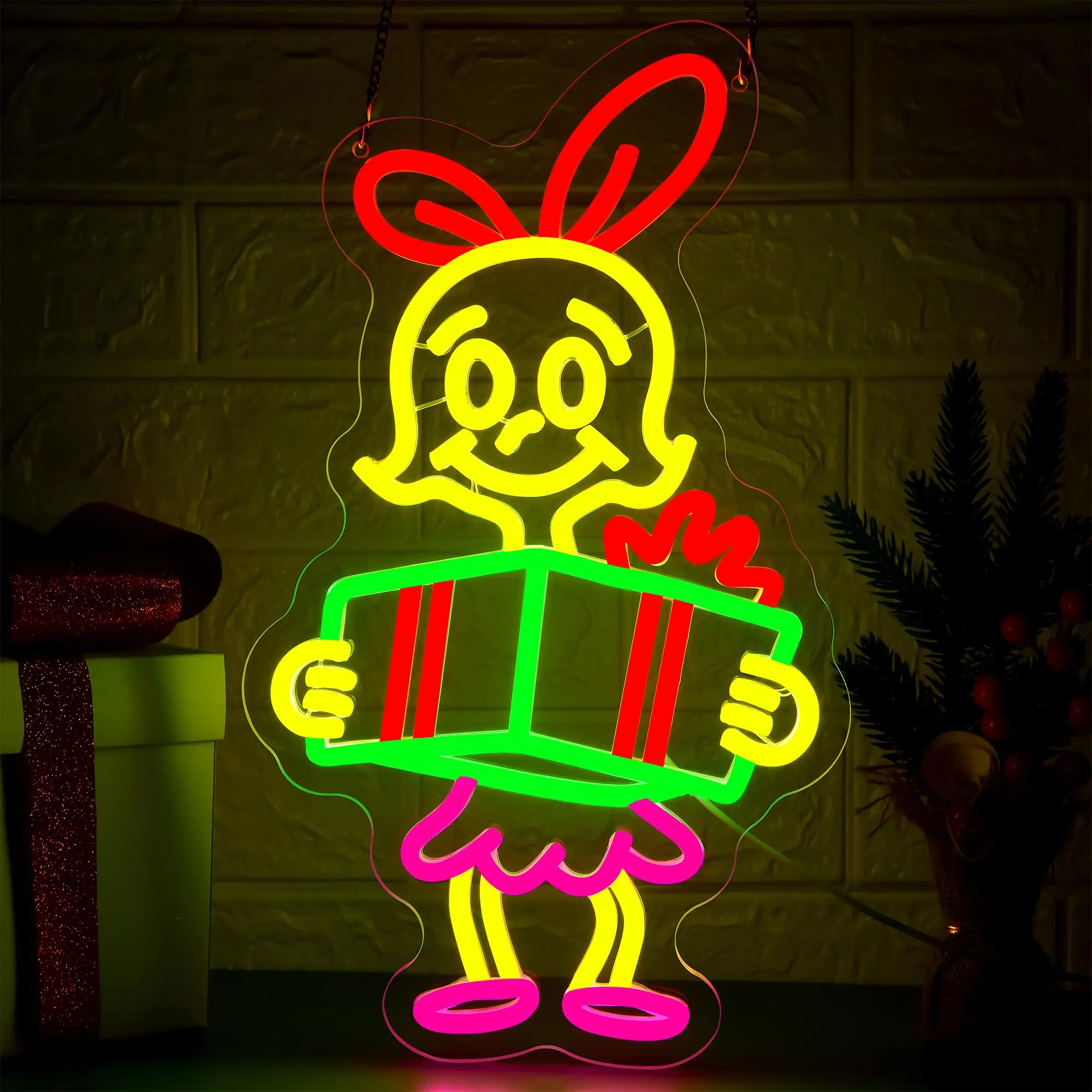 クリスマスウサギネオンサイン-壁飾り-調光スイッチ付き-クリスマスギフトボックス-ライトアップサイン-ホームパーティー-リビングルーム装飾用