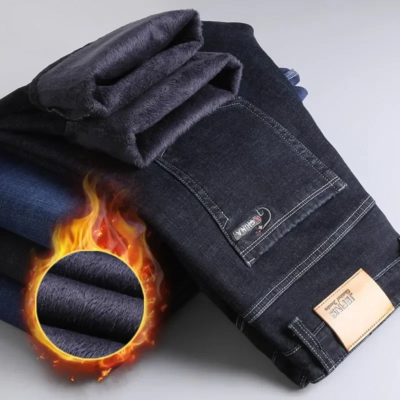 

2025 Winter Slim Jeans Men's Velvet Lining Fleece Business Denim Pants Thick Brand Flocking Warm Casual Elasticity Trousers