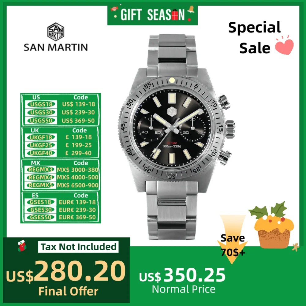 San Martin 40mm 62Mas Seagull ST1901 Hand-Wind Mechanical Watches For Men Chronograph Watch Luxury Sapphire 10Bar Lume SN0007JS