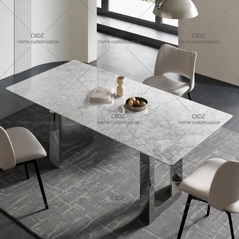 Modern White Natural Marble Dining Table Minimalist Light Luxury High End Stone Long Table for Villa Home Furniture
