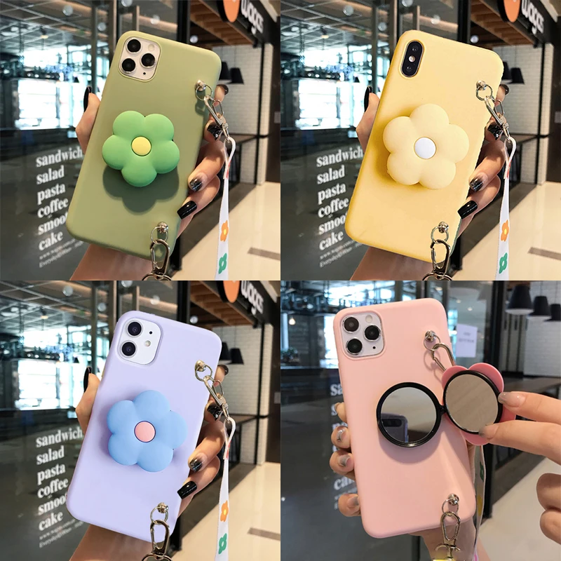 Cute Flower Makeup Mirror Stand Case for Huawei Y9 Prime 2019 Y9S Y9A Y8P Y7P Y7A Y7 2018 Y6S Y6P Y5P Flower Cover With Rope