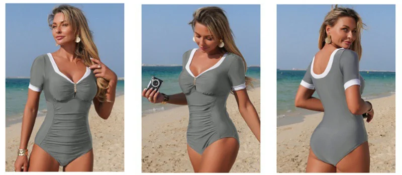 Damen Einteiliger Badeanzug Kurzarm V-Ausschnitt Geraffter Bauchkontroll-Badeanzug Strand Pool Erwachsenen-Schwimmanzug Schwimmbodysuit – Detail 6
