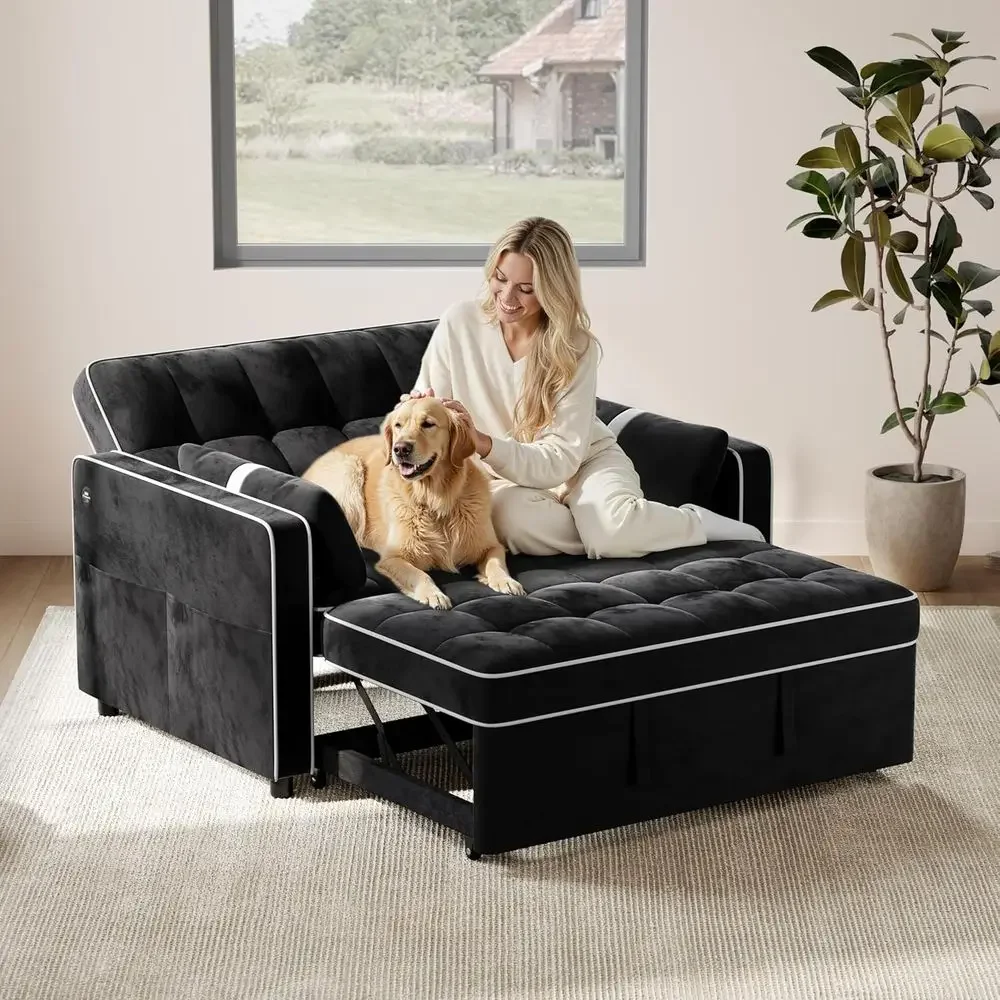 Convertible Velvet Sofa Bed with Pull-Out Couch, Adjustable Backrest, Armrest Pillows, USB Ports, Side Pockets for Living Room o