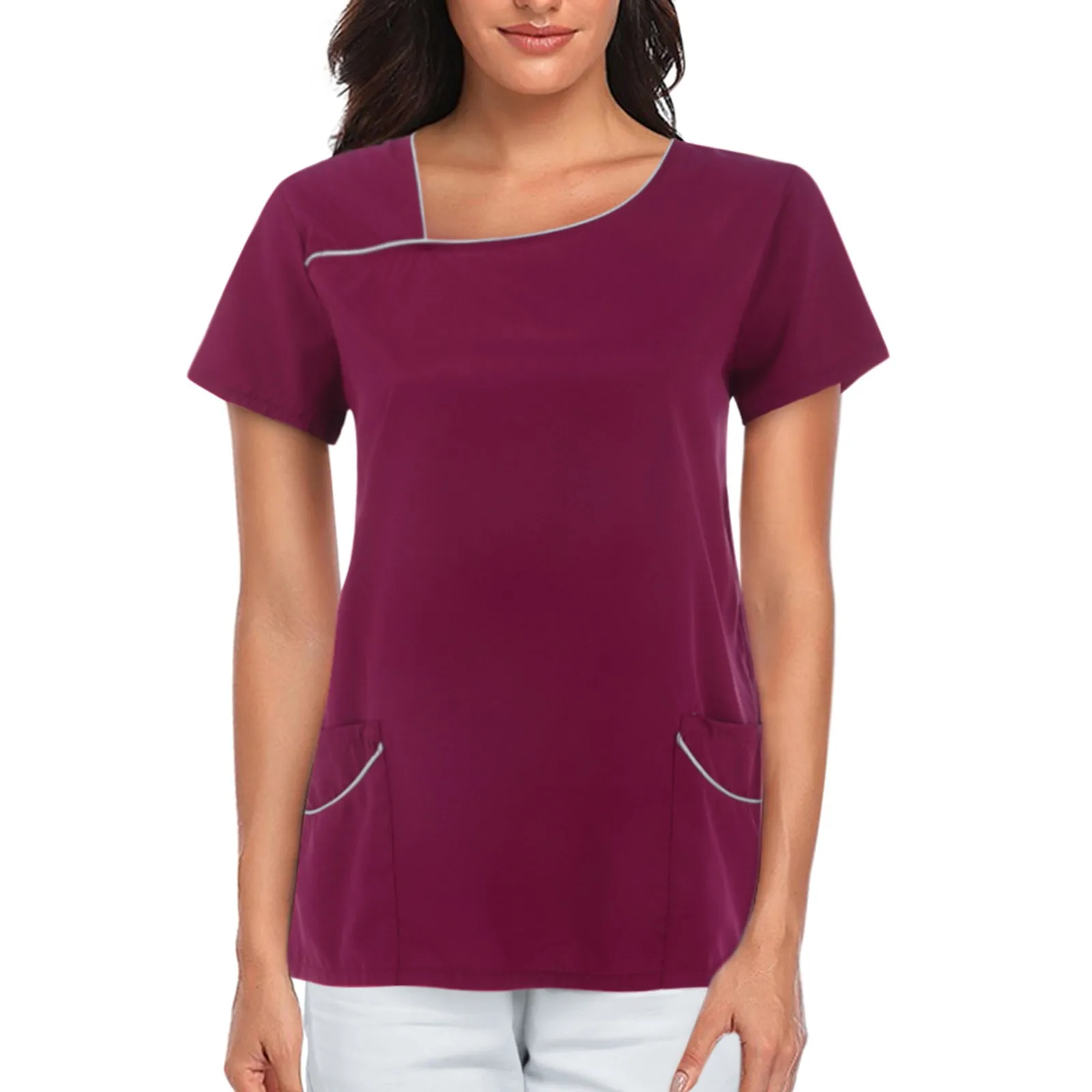 Verpleegkundige Uniform Vrouwen Effen Kleur Scrubs Tops Uniformen Korte Mouw Zakken Medisch Verpleegkundigen Uniformes Blouse Verpleegkleding Shirts