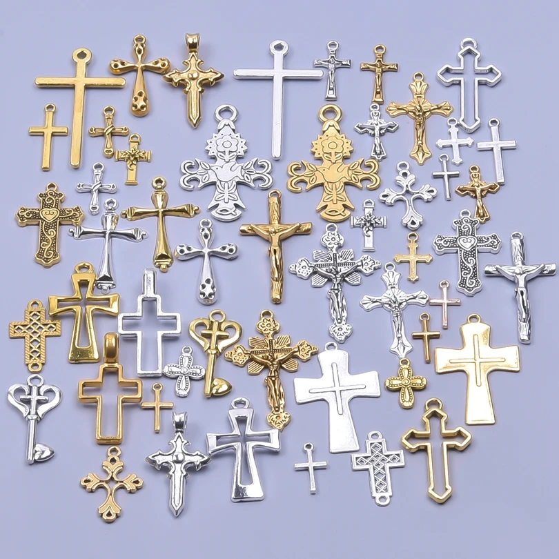 Mix Gold Color Christian Crosses Alloy Charm Antique Silver Pendant diy Jewelry Making Necklace Supplies Crafts Bulk cruz colgan