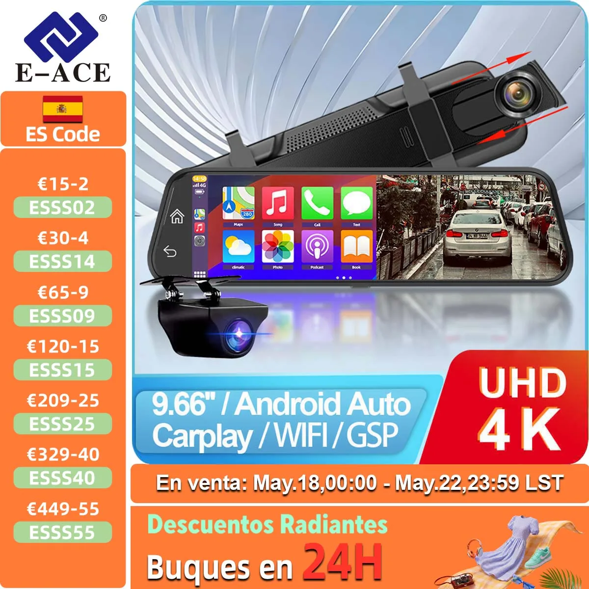 Cámara de salpicadero con espejo 4K de 10 pulgadas, Carplay inalámbrico y Android Auto, WIFI, navegación GPS, grabadora de vídeo de doble lente, Dvr para coche