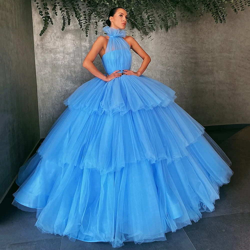 Yipeisha Halter Ball Gown Blue Quinceanera Dresses Tiered Tulle Masquerade Dress Sweet 15 Years  Customized