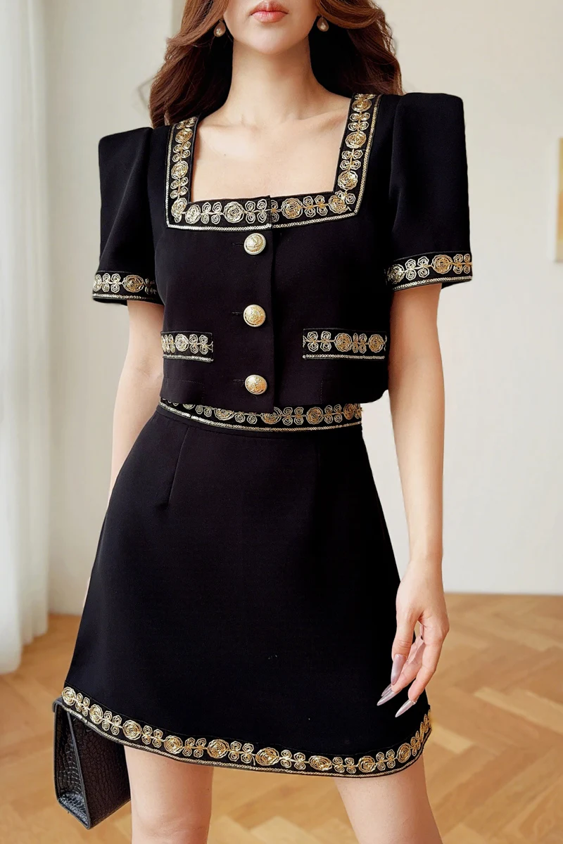 

Summer 2 Piece Sets Women Outfits Sequined Binding Square Collar+A Line Skirt Separately Y2K 2025 New DABUWAWA DM2BSE007