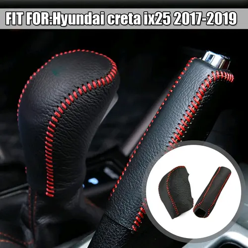 Imagen 2 del producto Cubiertas de cuero genuino para palanca de cambios de coche, cubierta de freno de mano, perilla de cambio de cabeza, collares para Hyundai Creta Ix25 2017-2019