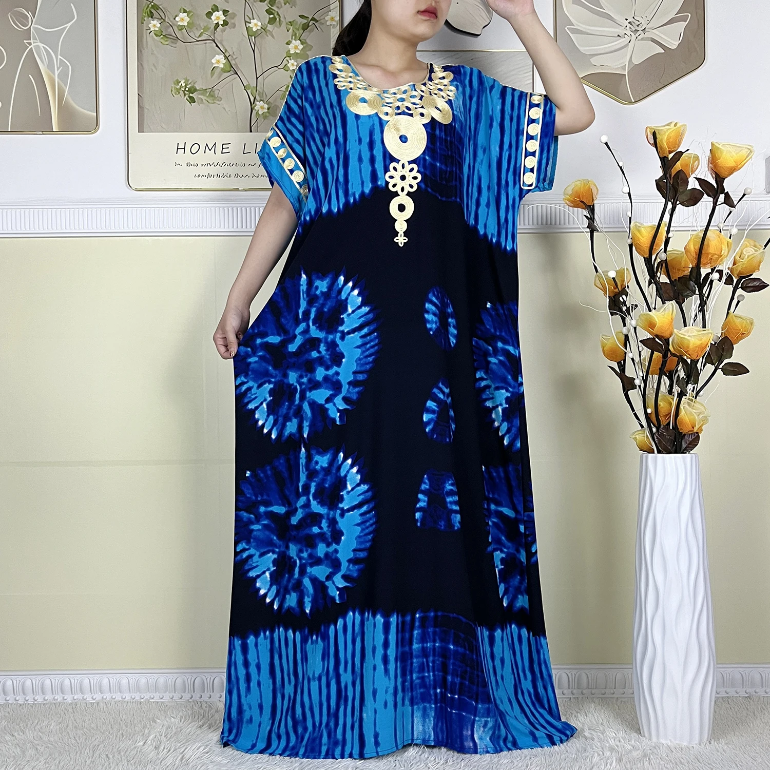 2024 New African Abaya Women Dashiki Evening Dress Pure Cotton Printing Loose Maxi Dubai Islamic Short Sleeve Femme Elegant Robe