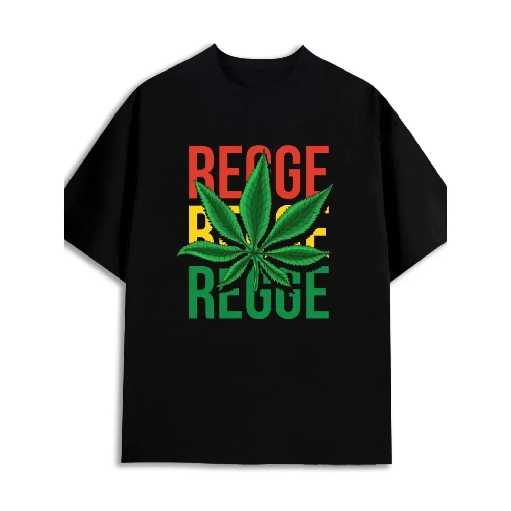 

Men's 100% Cotton Reggae Leaf T-Shirt - 180GSM Heavyweight Casual Short Sleeve Round Neck Tee with Leaf & Reggae Music Print