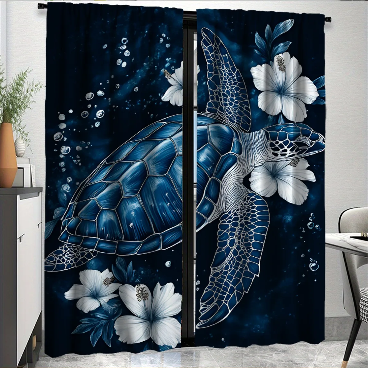 Aesthetic Blue Sea Turtle Curtain Drapes Deep Sea Ocean Floral Skeleton Nautical Window Curtains Home Decor Boho Living Room