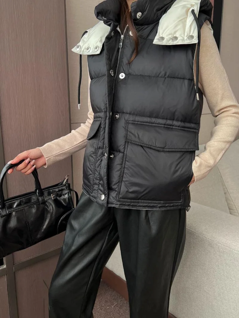 2024 autumn and winter college new women's down jacket vest fashionable and exquisite hooded zipper sleeveless vest jacket