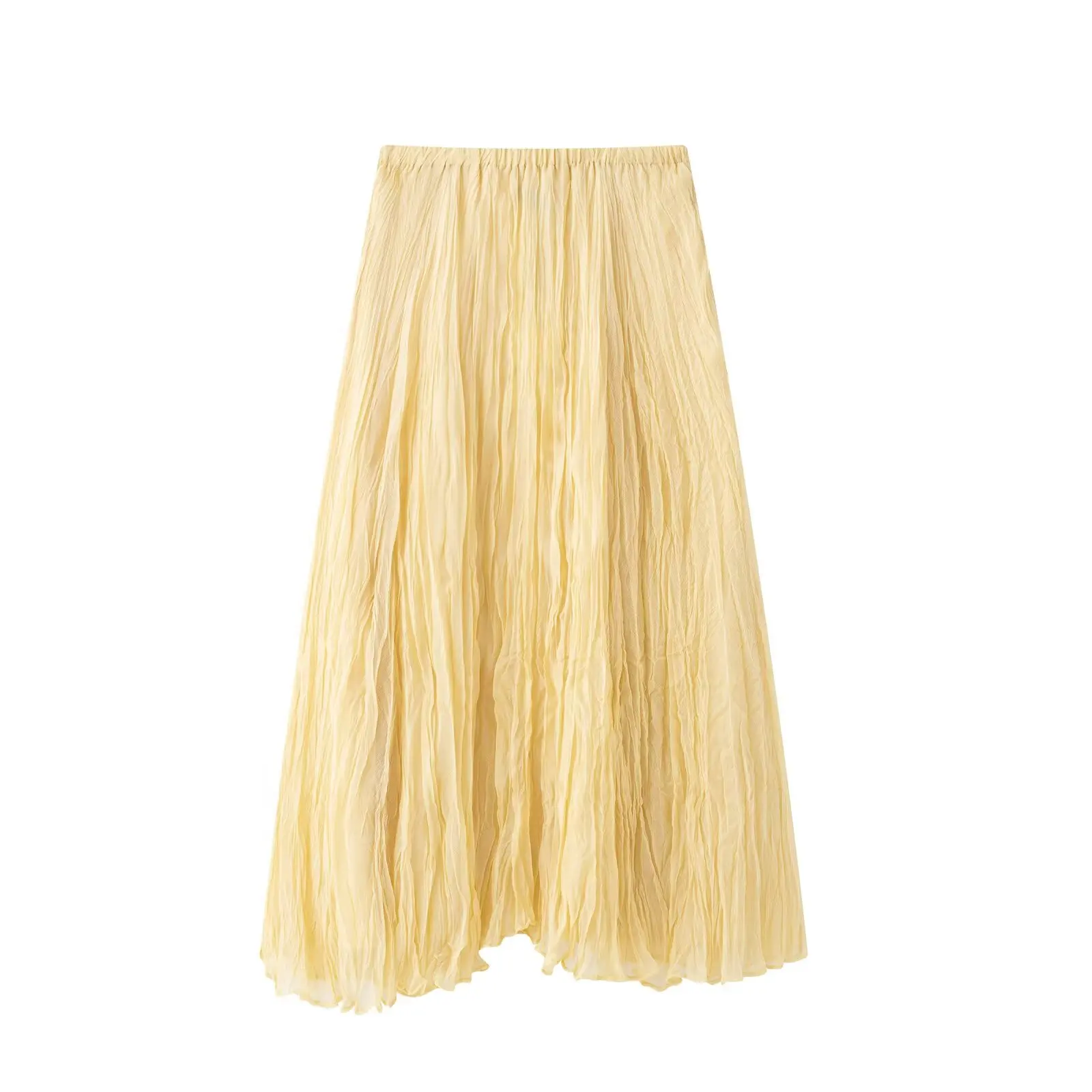 TRAFZA 2025 Women Summer Fashion Solid Skirt Pleated A-line Midi Skirts Female Casual Elastic Waist Crease Effect Long Skirt