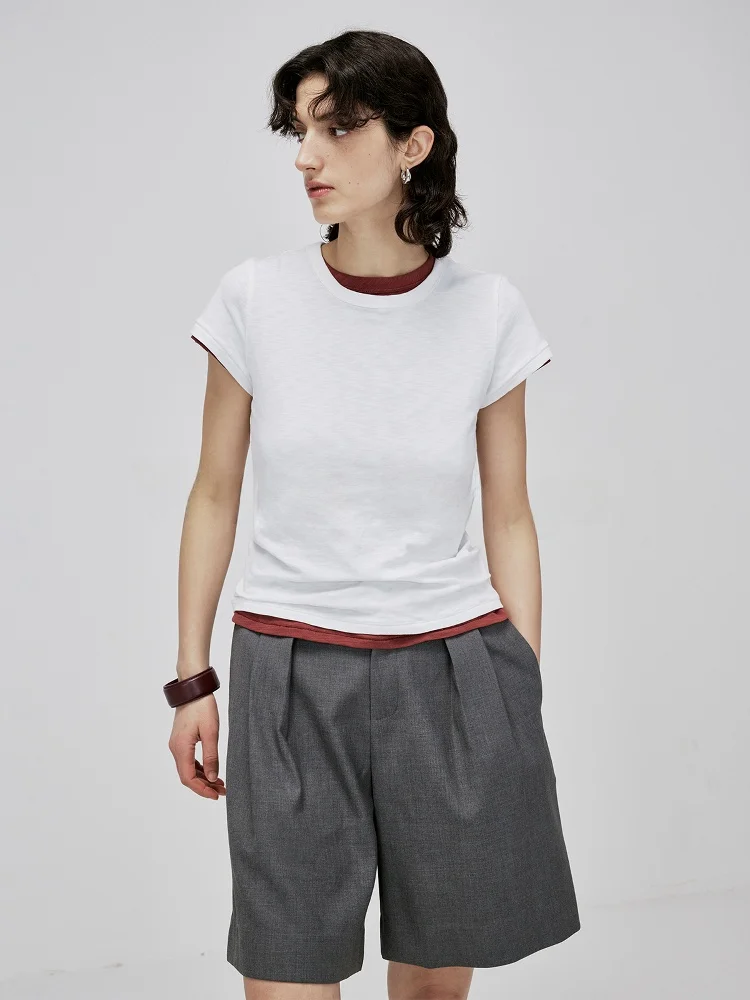 

Женская базовая футболка из чистого хлопка с круглым вырезом и коротким рукавом, эластичная, летняя, белая, для повседневной носки, приталенная