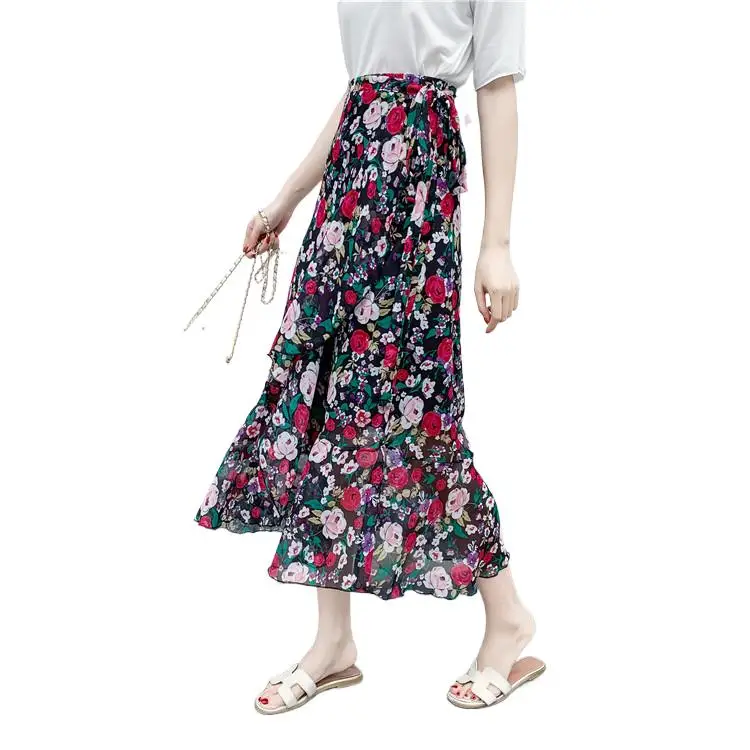 New 2024 Summer Print Flower Chiffon Ruffle Skirt Bohemian High Waist beach skirts  Boho Asymmetrical skirts   