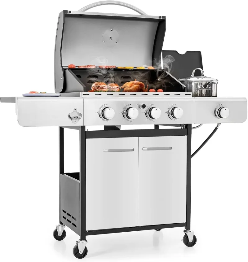 MFSTUDIO 4-Burner Propane Gas Grill, Stainless Steel BBQ Grill with Side Burner