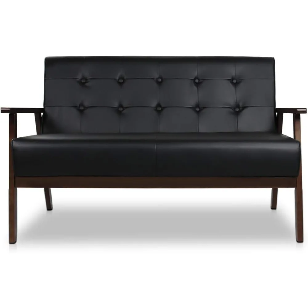 

Mid-Century Modern Solid Loveseat Sofa Upholstered Faux Leather Couch 2-Seat Wood Armchair Living Room/Outdoor Lounge C