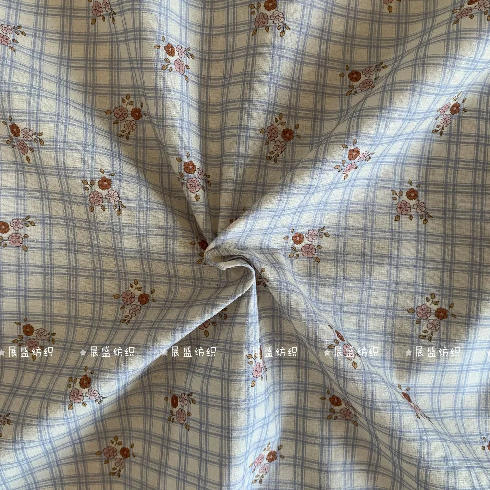 Pure Cotton INS Style Retro Plaid Elegant Korean Floral Fabric for Bags, Bibs, Children's Clothing, Women's Dresses Sewing Cloth