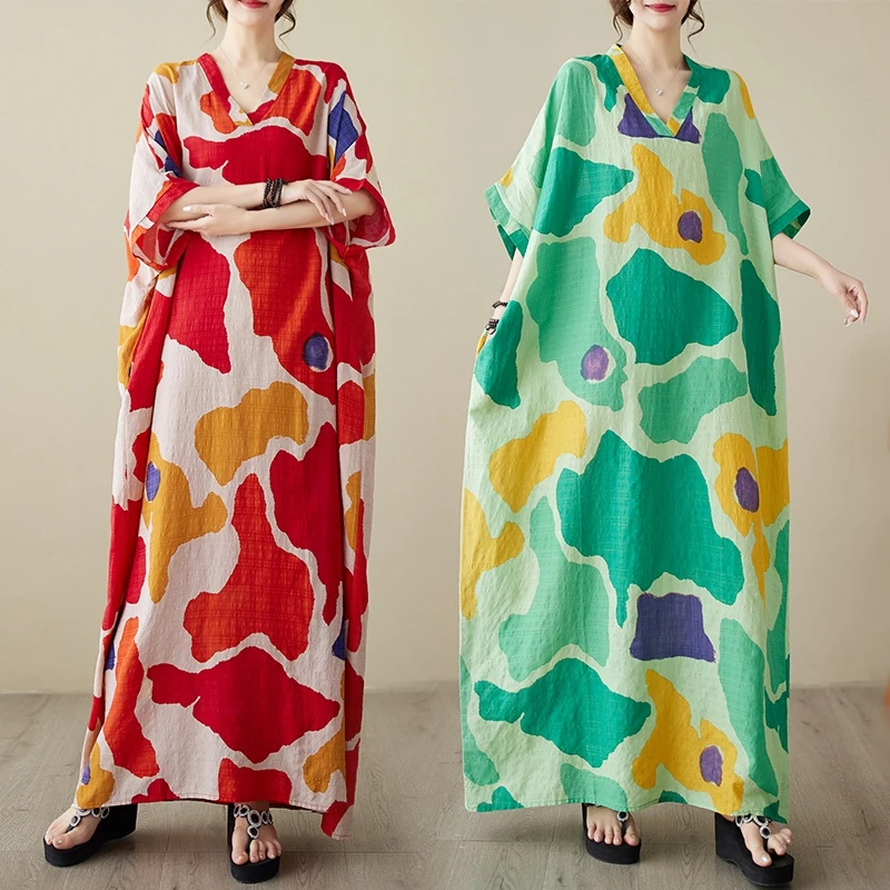 

Летнее хлопковое пляжное платье с V-образным вырезом и длинными рукавами, свободного кроя, в художественном стиле, для отпуска, скрывающее недостатки фигуры, больших размеров