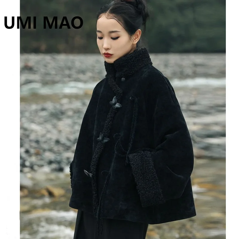 UMI MAO Black Plush Coat Women's Winter New Style New Chinese Retro Slant Open Loose Chenille Thick Top Autumn Jacket Women