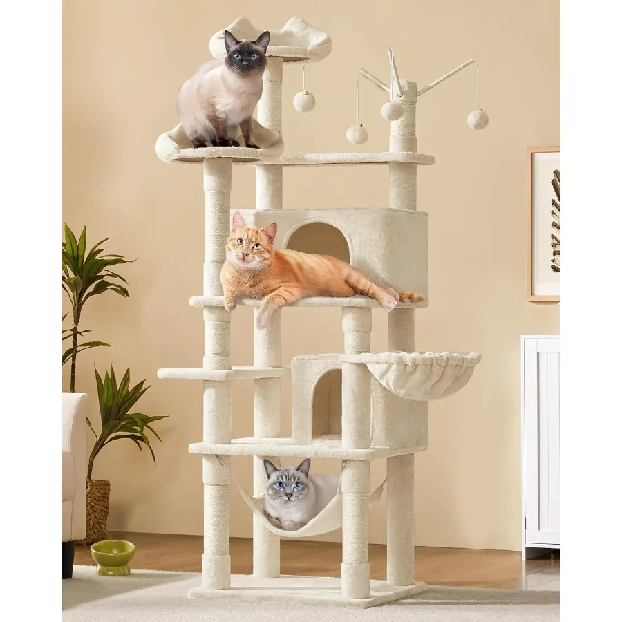 

67-Inch Multi-Level Cat Tree for Indoor Cats with Scratch Posts Removable Fur Ball Sticks Cozy Perches Soft Hammock Modern Desi