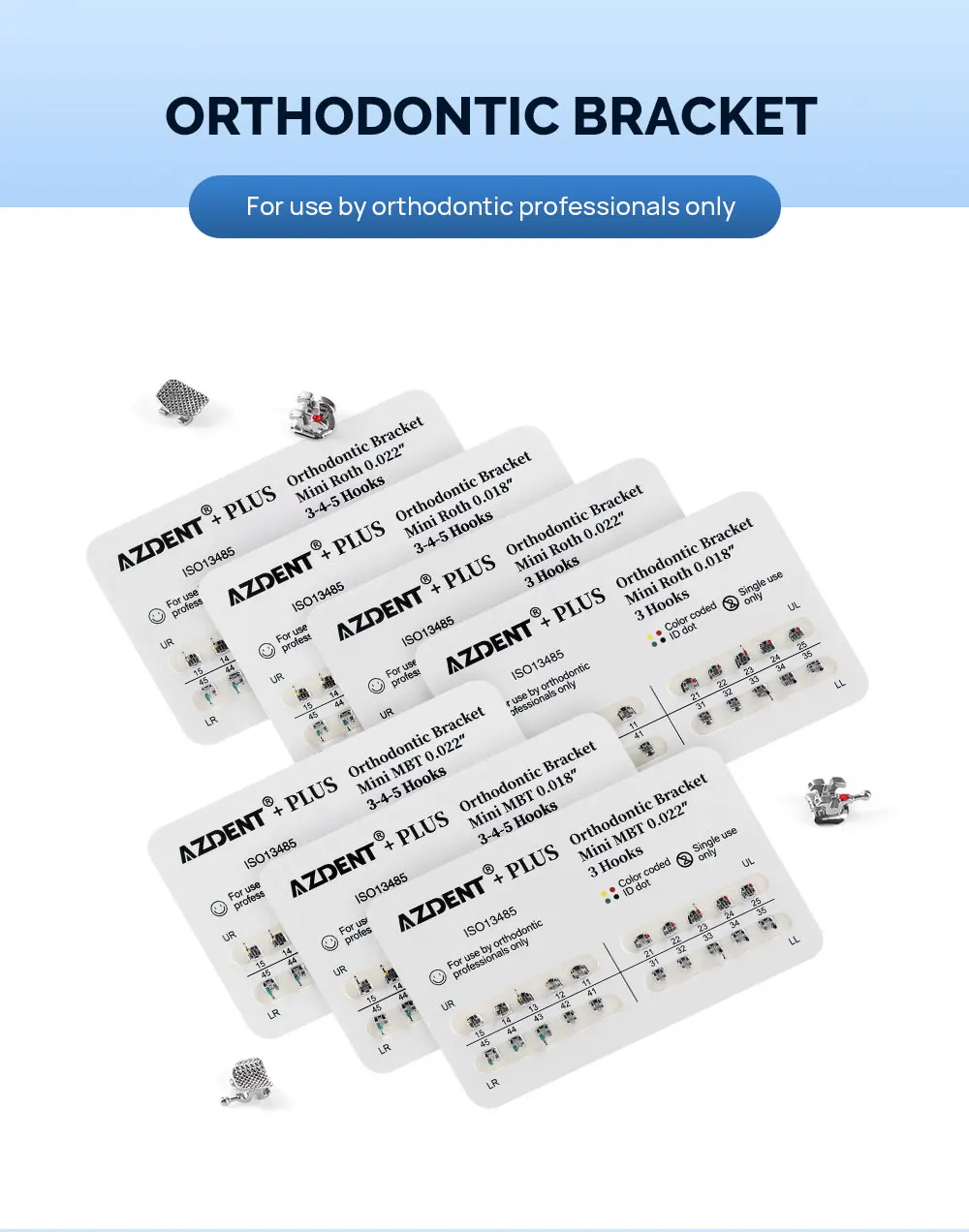 10 Packungen AZDENT Zahnspangen Kieferorthopädische Zahnspangen Plus Metall Mini Standard Mesh Base Roth/MBT 0,022/0,018 Haken 3-4-5 20 Stück/Packung – Detail 1
