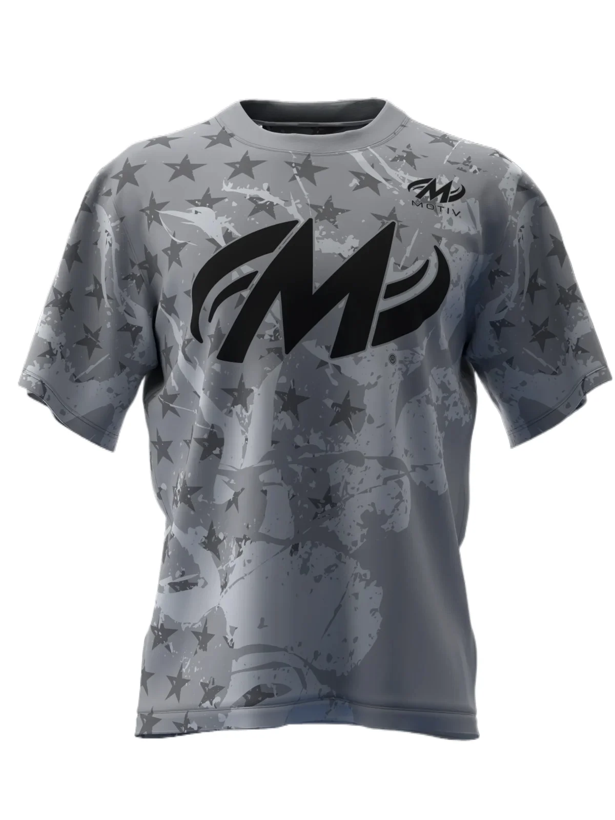 2026 Bowling Jersey, Quick Dry Breathable, Grey Camo Star Full Print, Bold M Letter Logo for Bowling Tournament Matches
