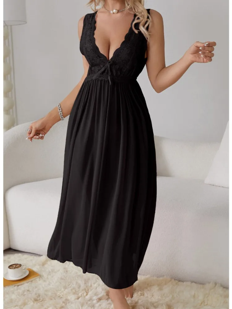 Sexy Pyjamas Langes Nachthemd Home Wear Mode Spitzenkleid Für Frauen Tiefe V Nachtwäsche Chiffon Nachthemd Hochzeit Nacht Kleidung