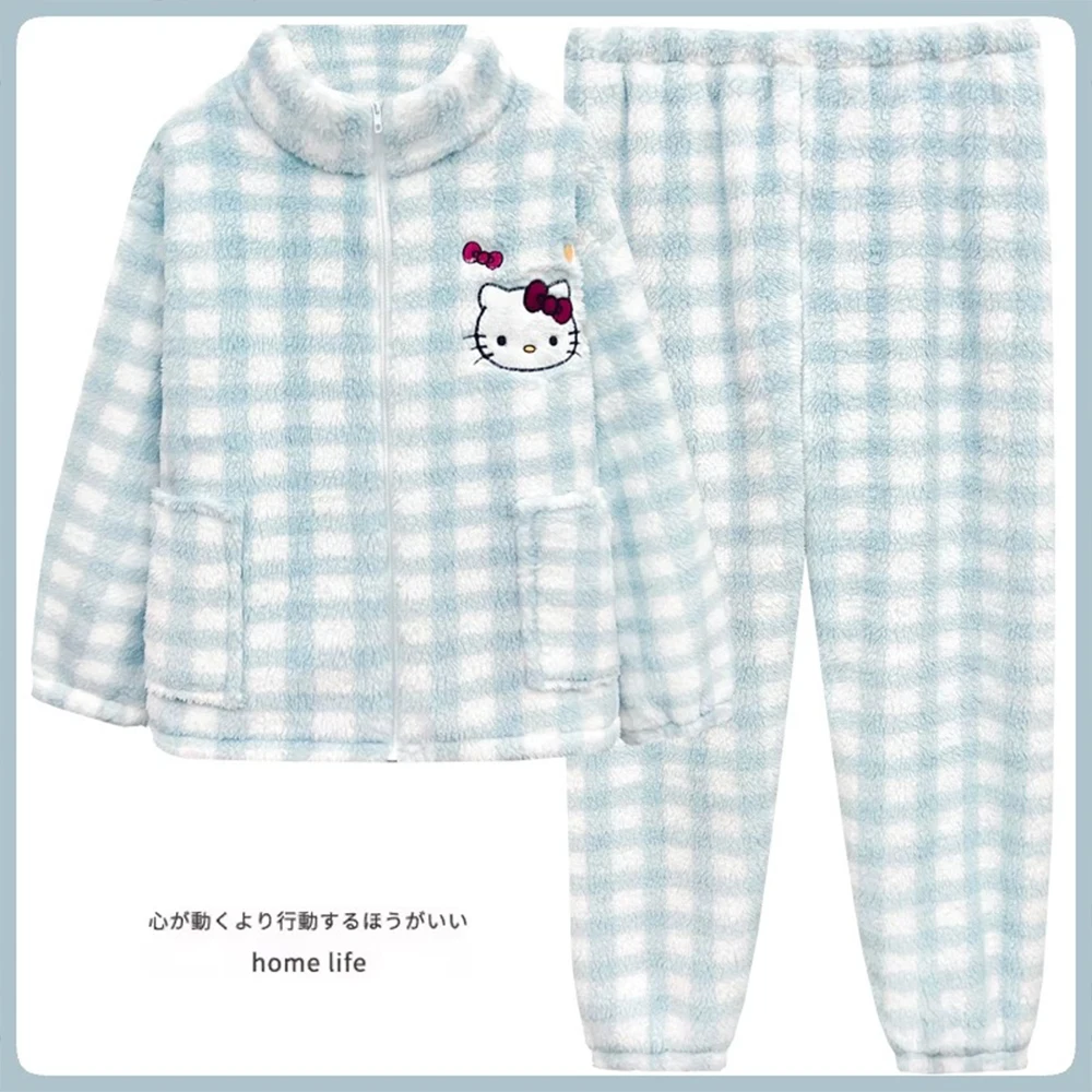

Hello Kitty Women Plush Pajamas Set Sanrioed Kawaii Autumn Winter Thicken Home Clothes Girls Cartoon Thicken Cute Tops Pants