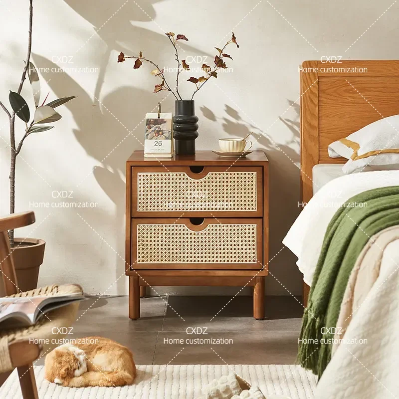 Solid Wood Rattan Bedside Table Simple Modern Nordic Sofa Side Cabinet Bedroom Storage Nightstand