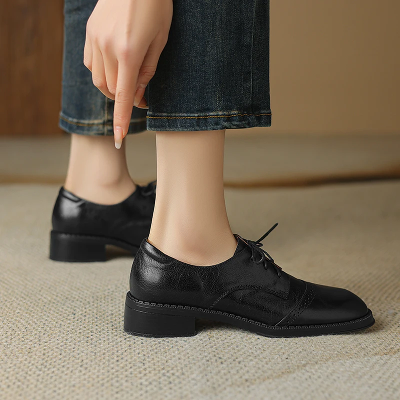 2024 New Pumps Oxfords Spring Shoes for Woman Genuine Leather Brogues Vintage Lace Up Loafers Casual Handmade Black Ladies Shoes