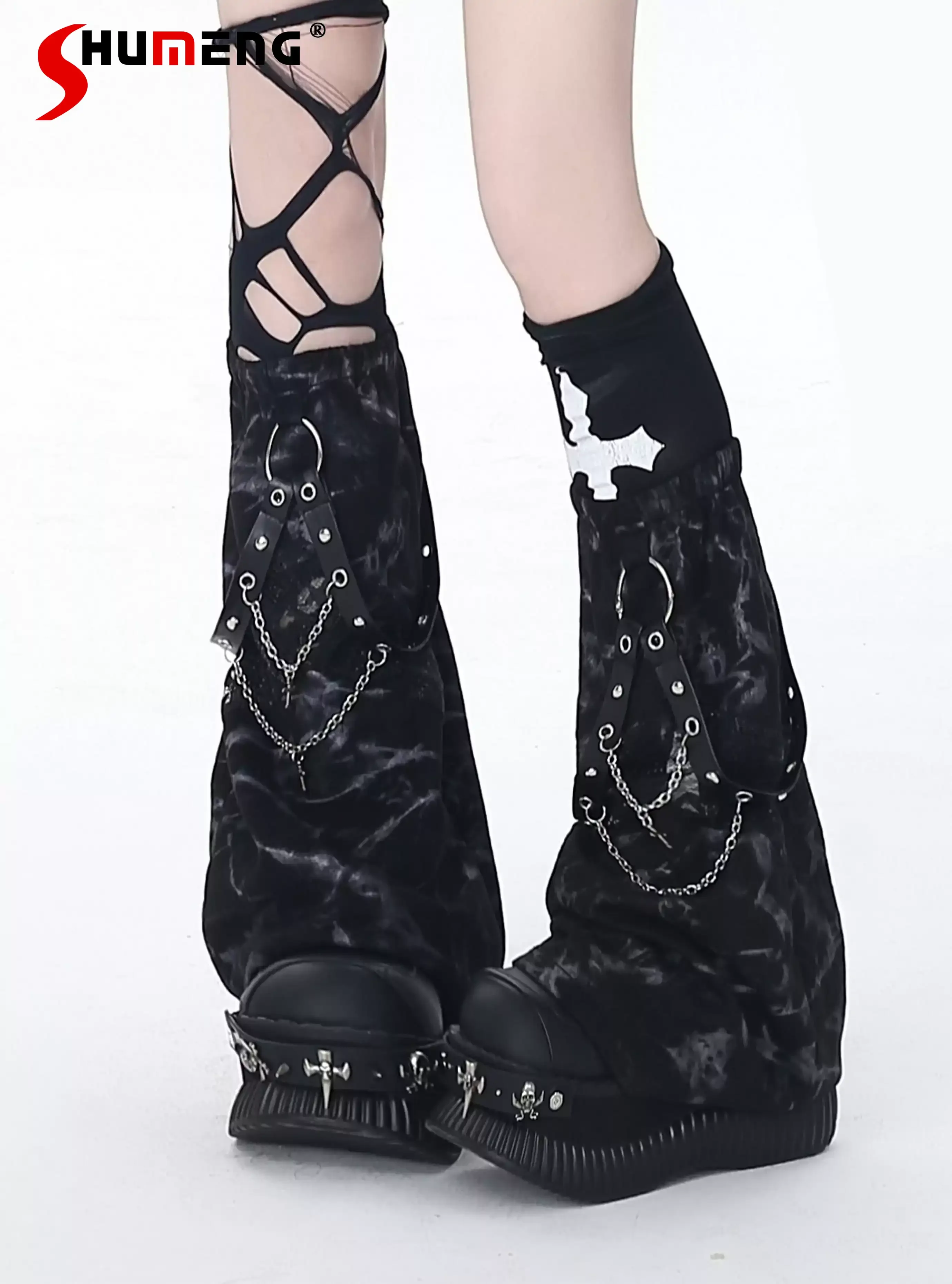 2026 Spring Summer Subculture Sweet Cool Girl Versatile Leg Covers Metal Chain PU Buckle Graffiti Print Kawaii Leg Warmers Women