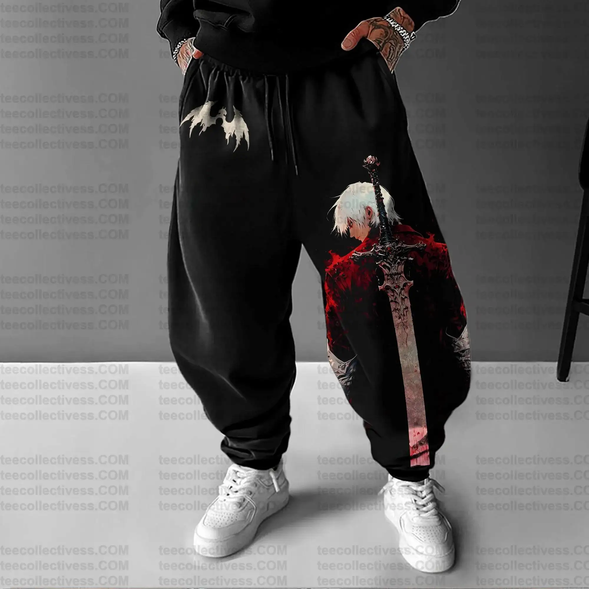 Black Devil May Cry Hoodie Set Katoenen videogamepersonage met wit haar en gigantische zwaardprint Casual outfit met lange mouwen