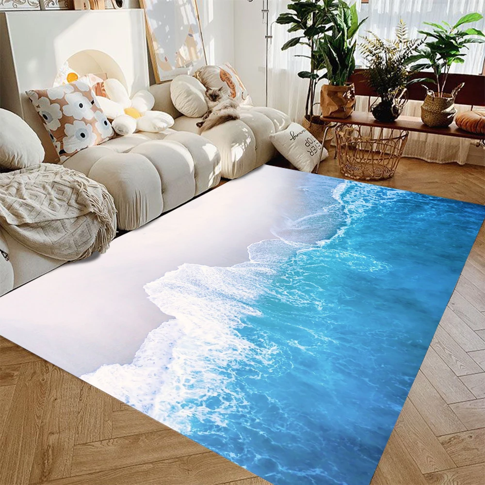 Realistic Beach Ocean Wave Area Rug Seaside Sand Coast Print Non Slip Floor Mat Coastal Nautical Living Room Decor Carpet