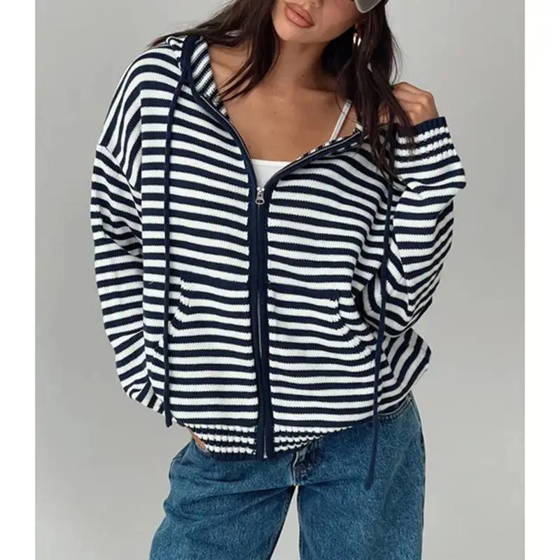 

Combhasaki женские Y2k эстетические полосатые контрастные цвета вязаные пальто толстовка с капюшоном с длинным рукавом на молнии трикотажная куртка на шнурке