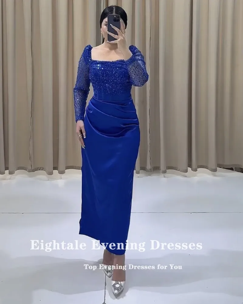 Eightale Tea Length Evening Dresses Sequined Long Sleeves Satin Royal Blue Custom Made Color Mermaid Prom Wedding Party Gown