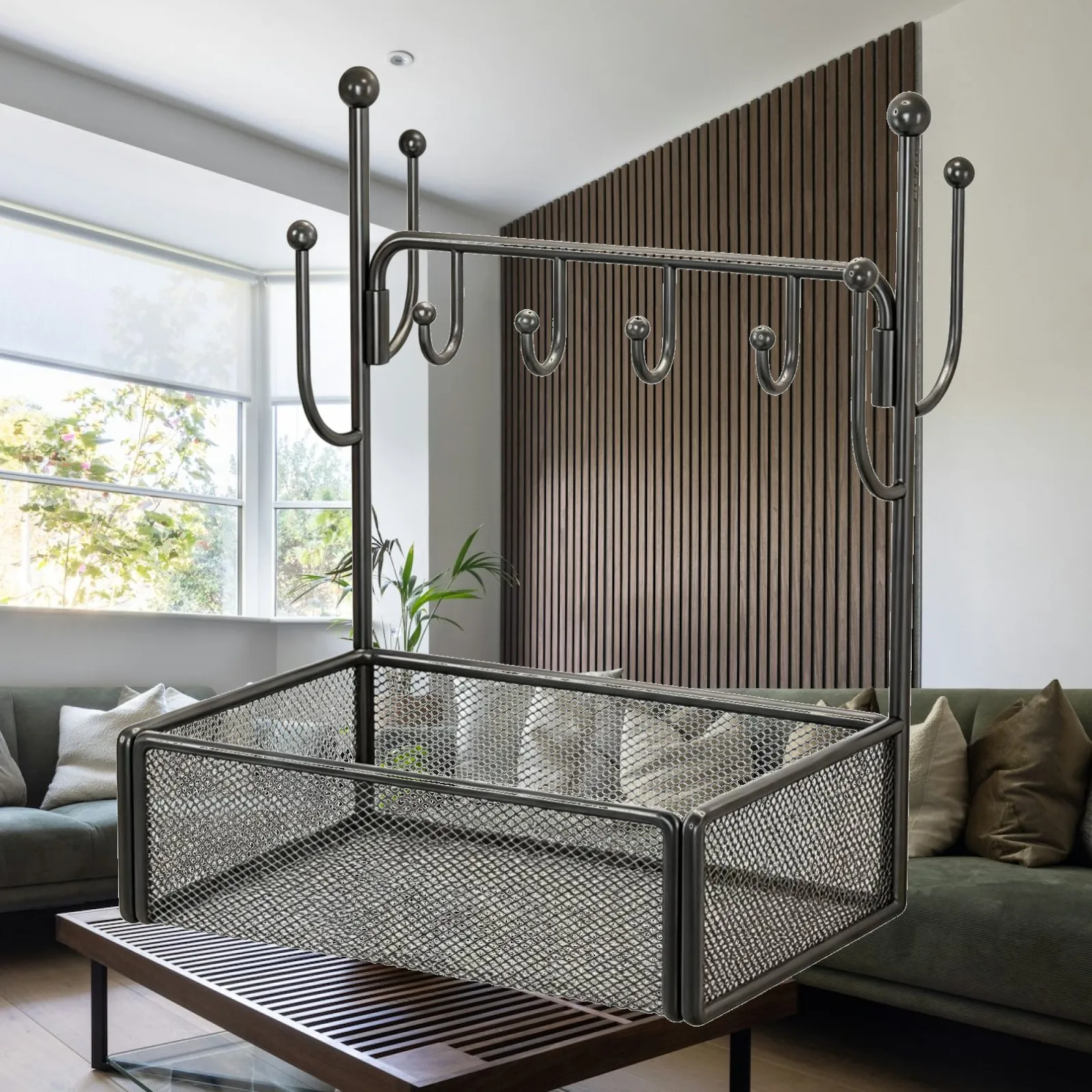 Tabletop Key Holder Space-Saving Key Rack with Basket Entryway Organizer with Hooks Compact Sturdy for Desktop, Dorm Rooms