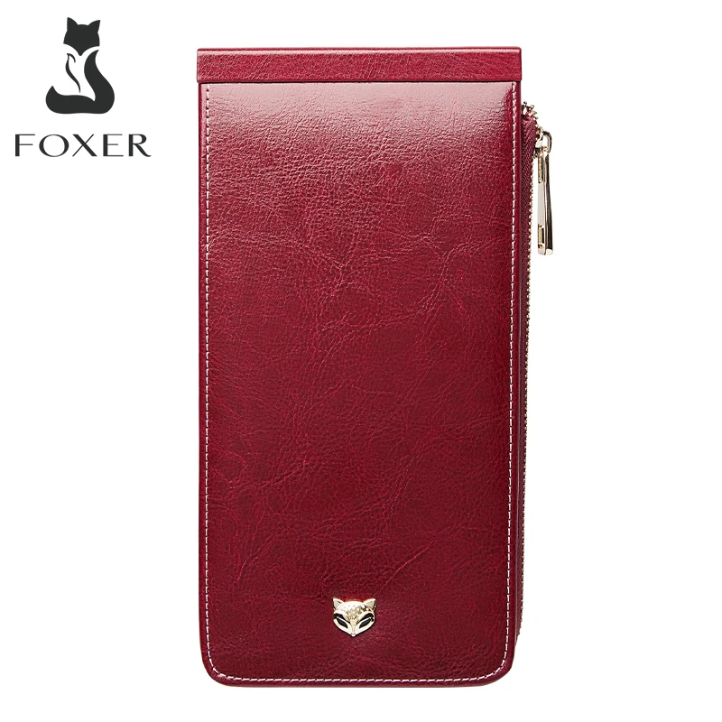 FOXER Women Standard Card Holder Stylish Money Bag High Capacity Zipper Hasp Long Wallet For Female Synthetic Leather Coin Purse