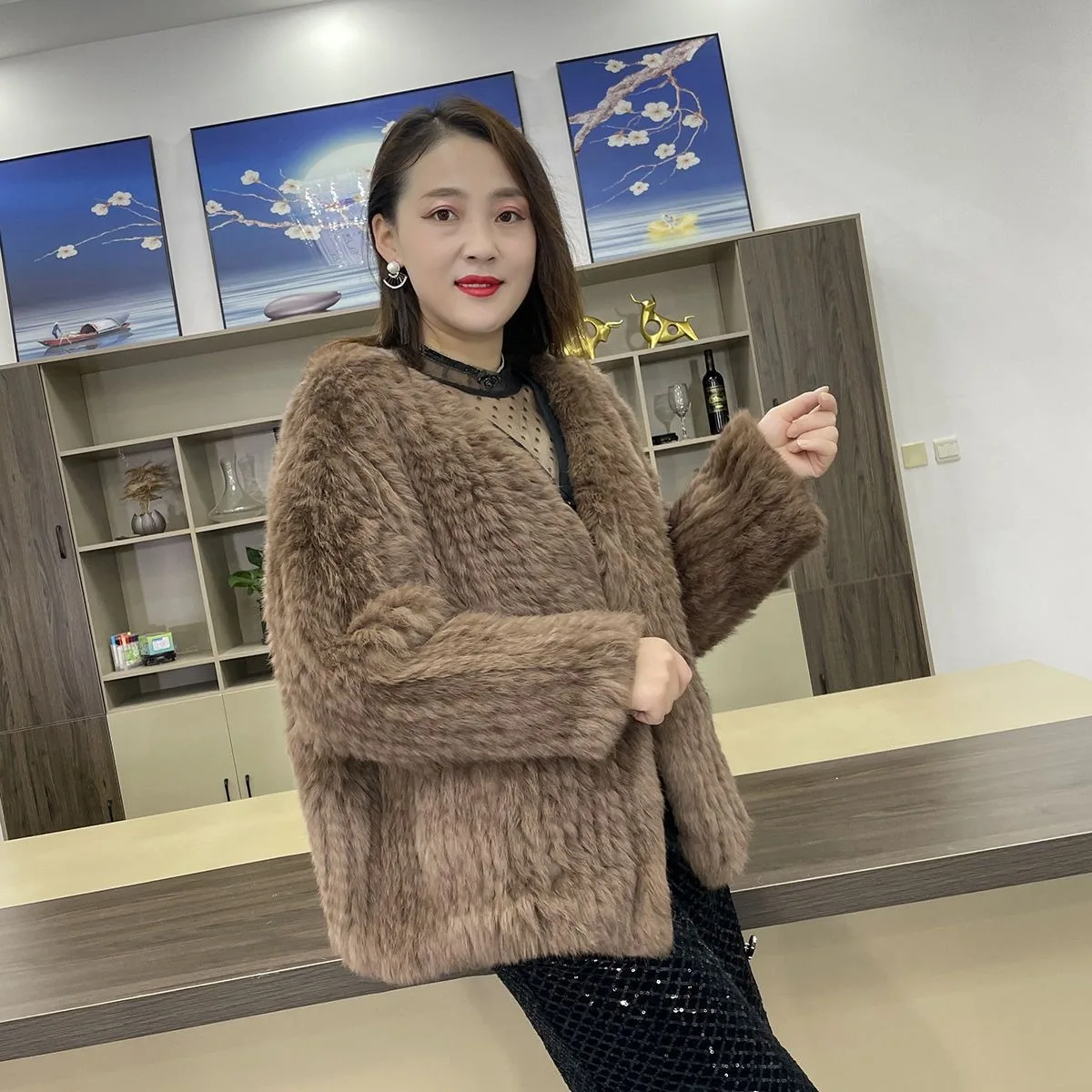 

Hot selling double-sided braided snow rabbit fur women loose version V-neck young style autumn winter new rabbit fur coat