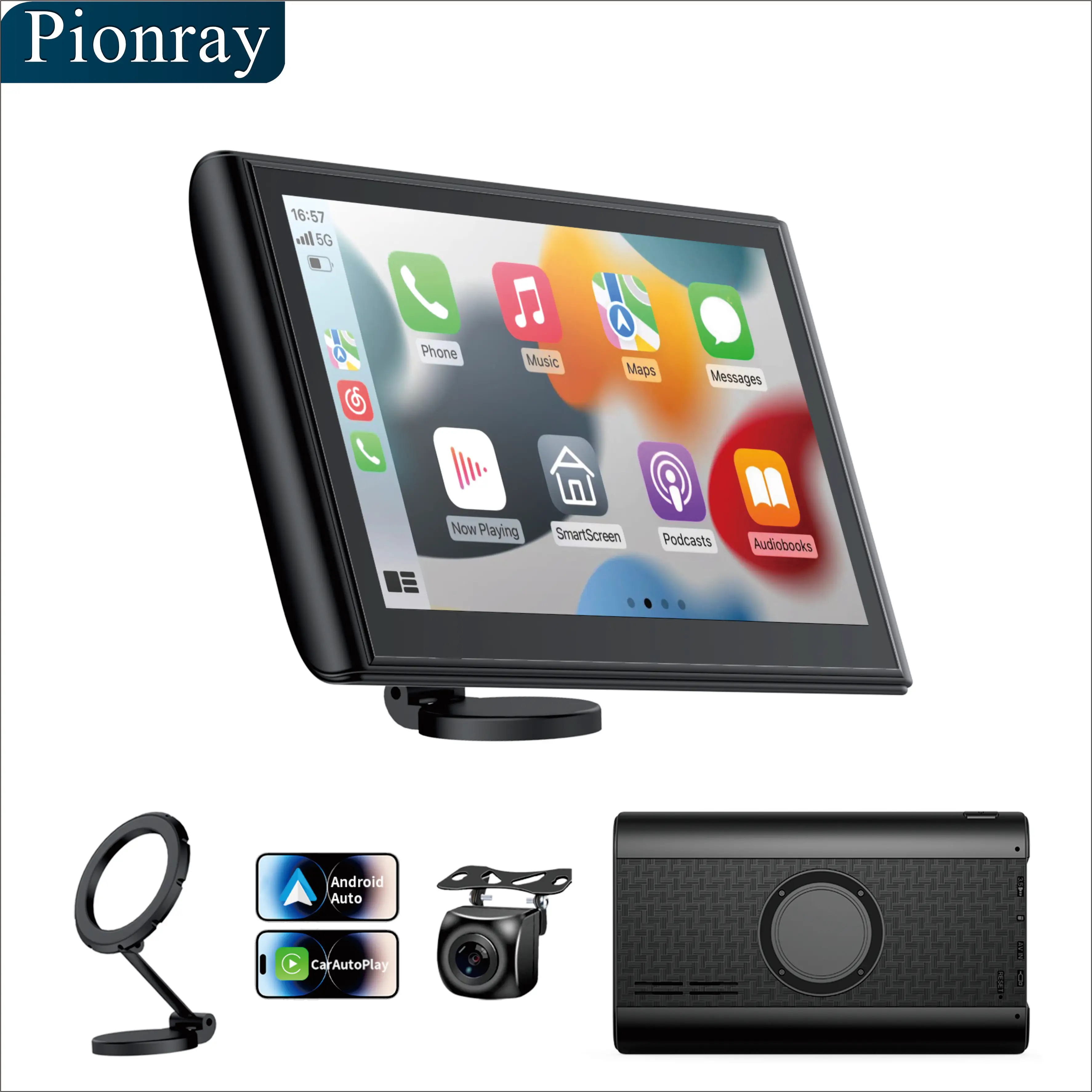 Pionrat Portable 7'' Wireless CarPlay Android Auto Screen Touchscreen w/ Bluetooth Navigation FM Voice Control Magnetic Mount