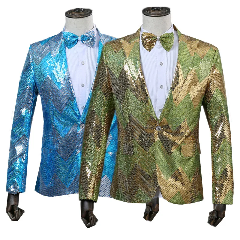 

Fashion Men Luxury Sequin Suit Jacket Green , Blue 2025 New Singer Host Bar KTV Stage Performance Dress Coats Slim Fit Blazer