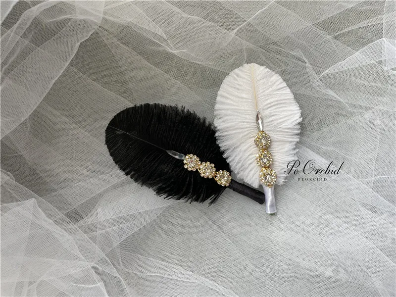 PEORCHID Wedding Feather Boutonniere Luxury Crystal Buttonhole Groom Flower Groomsman Gift Corsage Bloem Prom Tuxedo Accessories